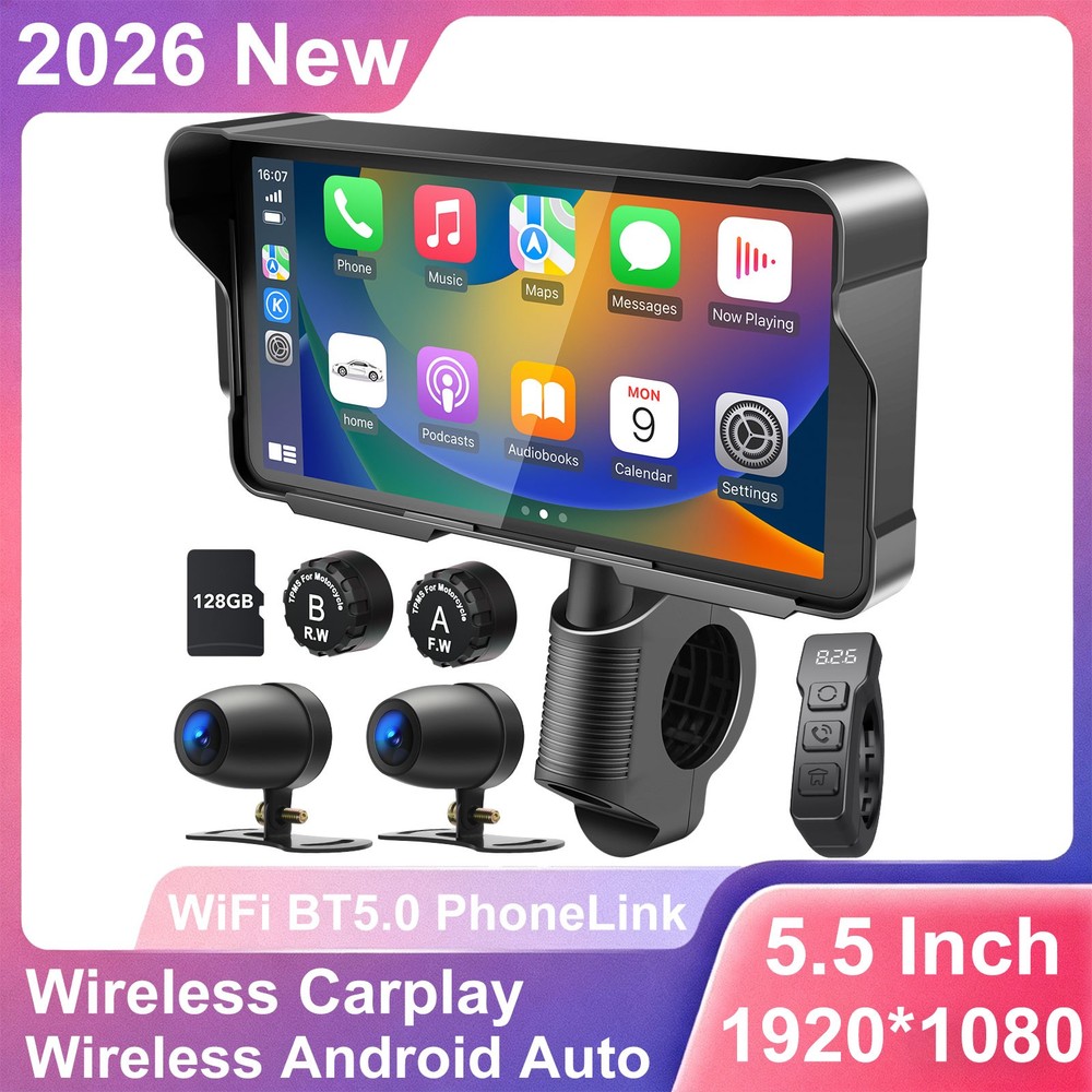 Motorcycle Dash Cam Front Rear 5.5" Wireless Carplay Android Auto Touchscreen