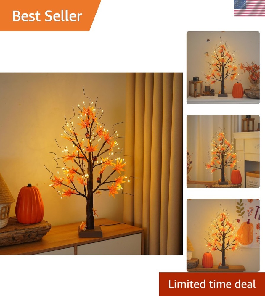 24” 72 LED Fall Decorations for Home, Birch Tree Lighted Fall Maple Leaves Ar...