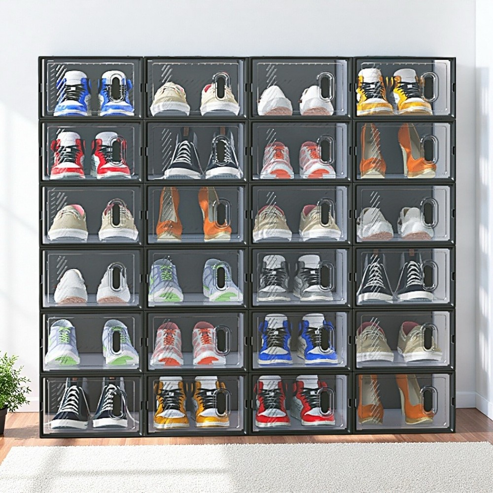 24-Pack Shoe Storage Boxes - Stackable, Door, Plastic Mesh, Black & Small Size