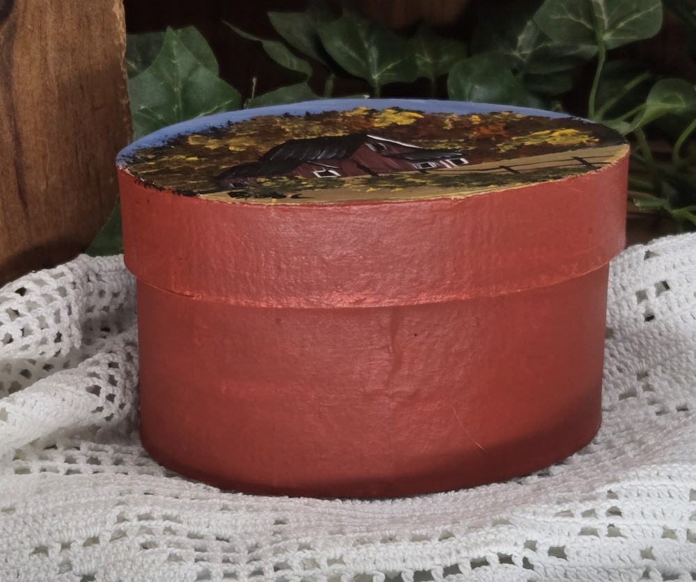 paper mache oval box w/ fall barn (26018) hand painted
