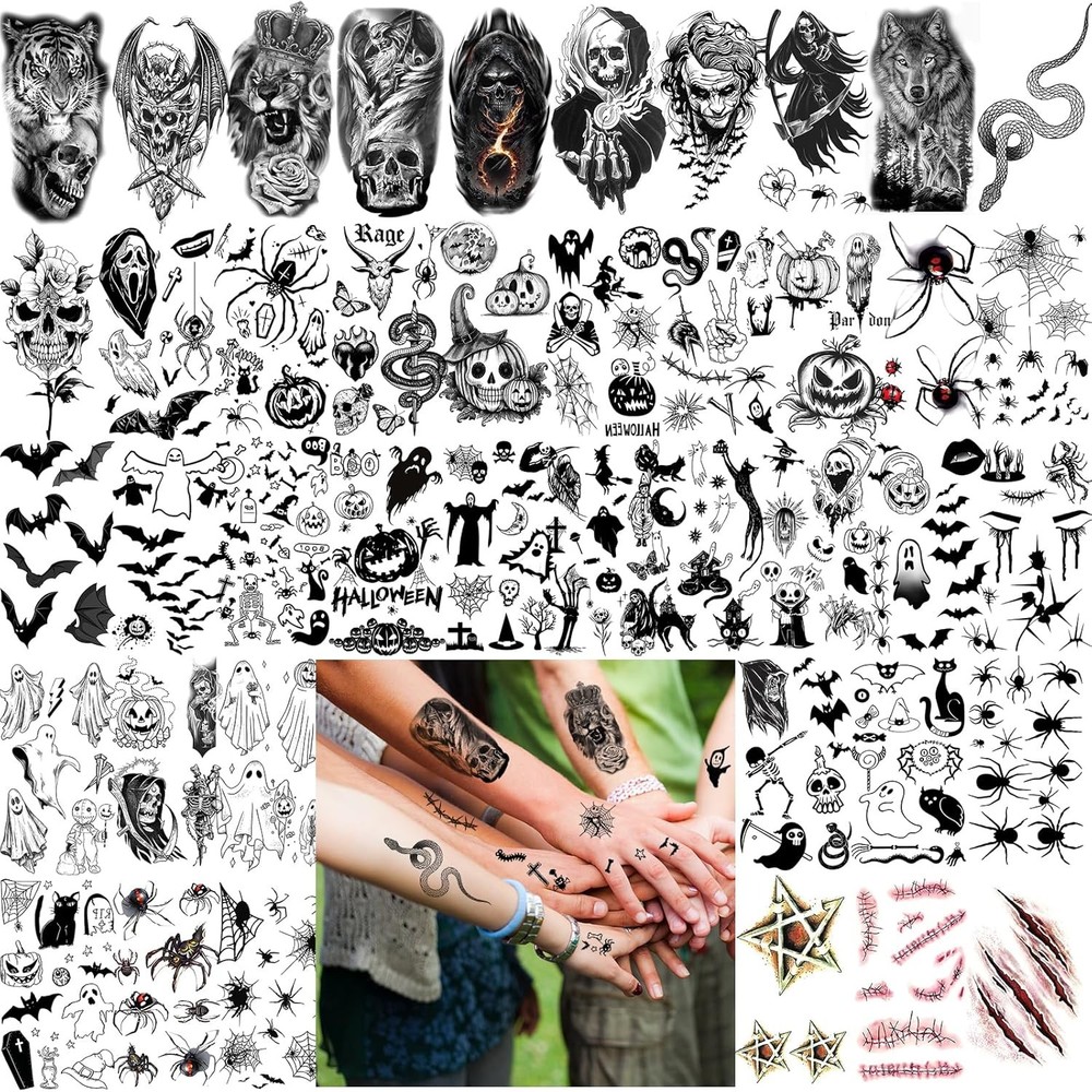 52 Sheets Black Halloween Temporary Tattoos for Large, Tiny, Black(52 Sheets)