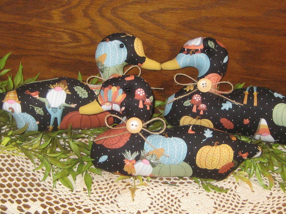 Fall Decor 3 Gnome Ducks Bowl Fillers Handmade Gift Blue Pumpkins Fabric