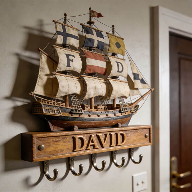 Sailing Ship Key Holder Wooden Flat 2D Wall Hooks Personalized