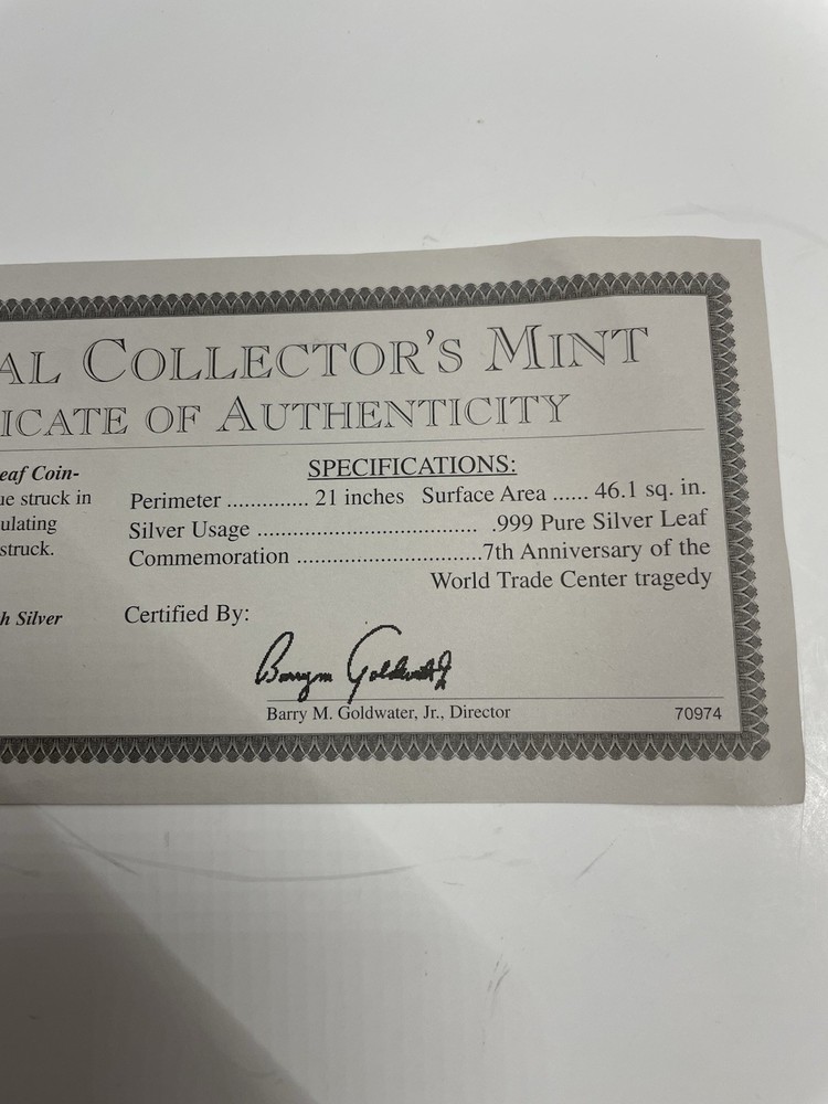 $20 September 11th Silver Leaf Coin-Certificate With COA