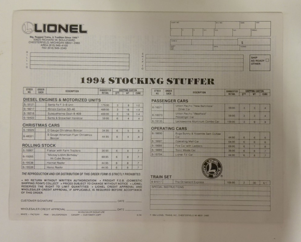 1994 Lionel Train Master & Electric Trains & Accessories Catalogs & Order Forms