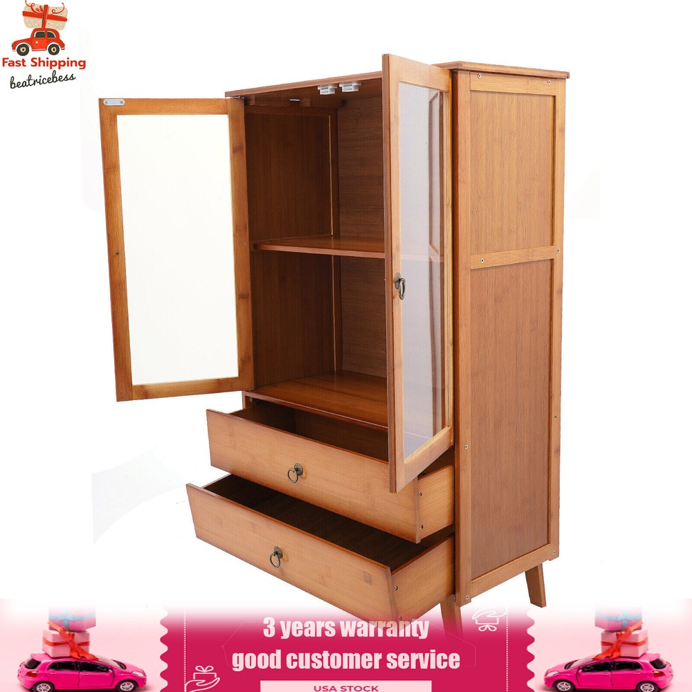 2-Compartments Bamboo Kitchen Sideboard Storage Organizer Cupboard Freestanding