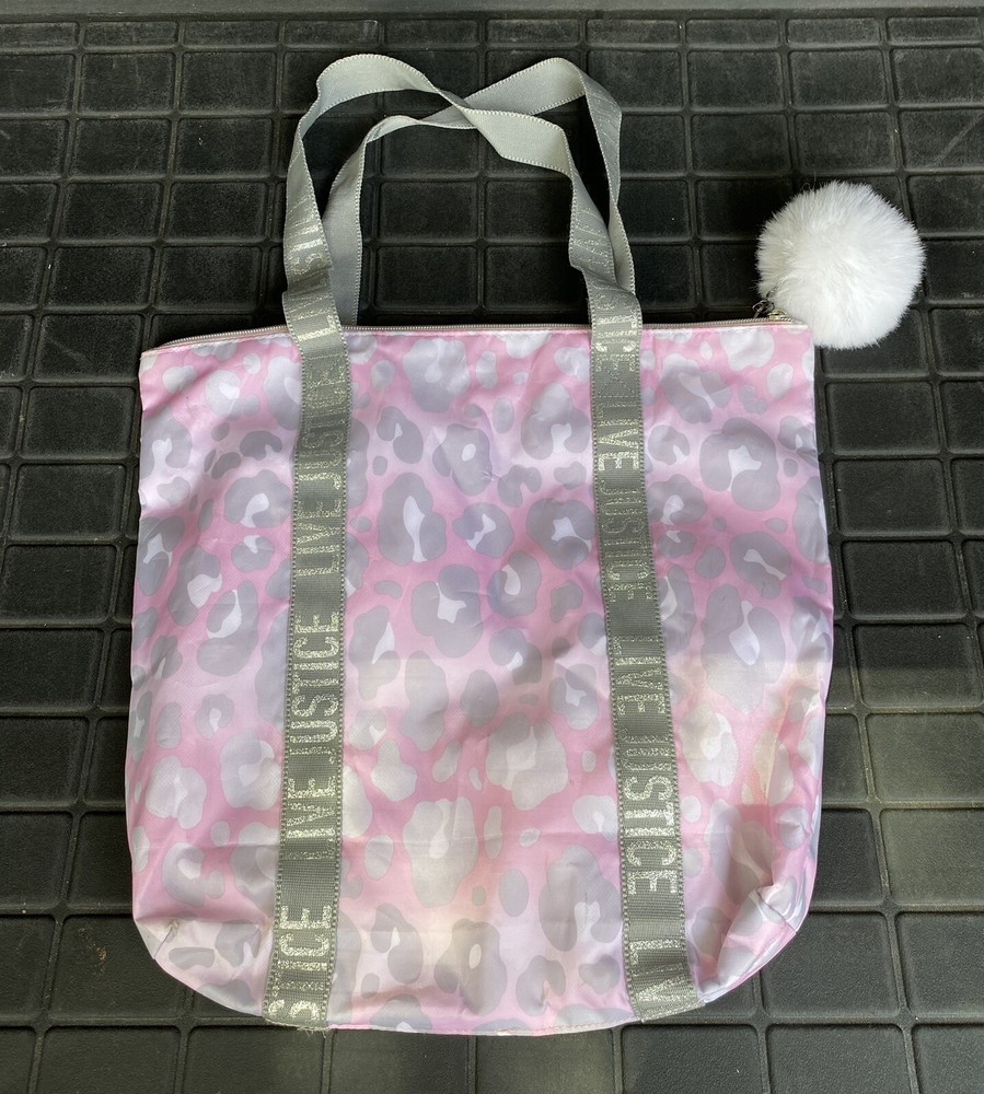 Justice Pompom Zipped Pink Grey Leopard Tote Bag