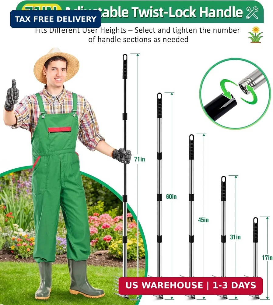 Weed Rake Tool Iron Weed Puller with 71" Adjustable Long Handle, 6 Teeth Garden
