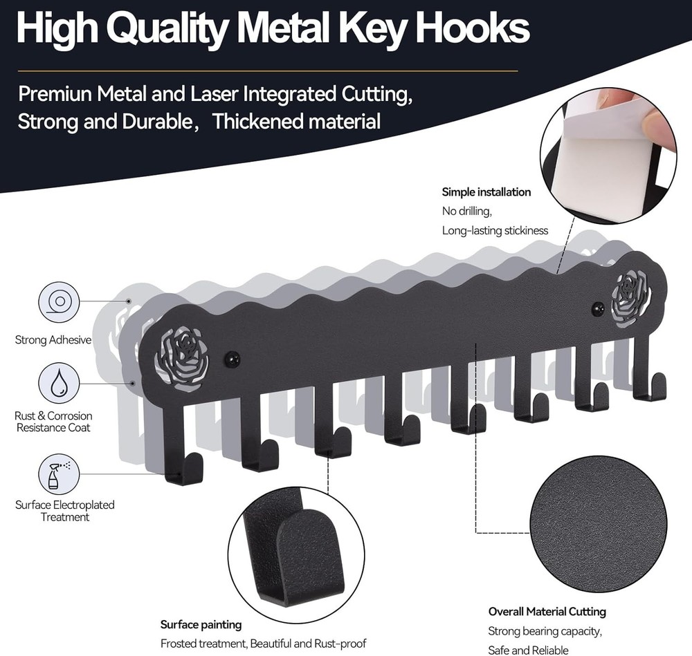 Modern Black Key Organizer with 8 Hooks - Rust Resistant, Multi-Purpose Design