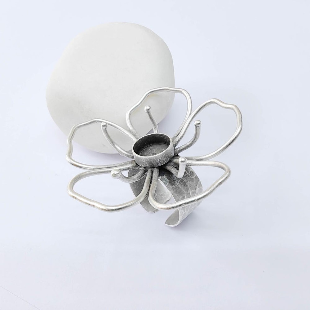 Flower Ring Blank Setting Cabochon Mounting Adjustable Antique Silver 10mmG37935
