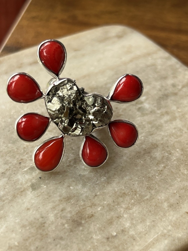 Pyrite & Red Coral Ring 925 Sterling Silver Adjustable Artisan Statement