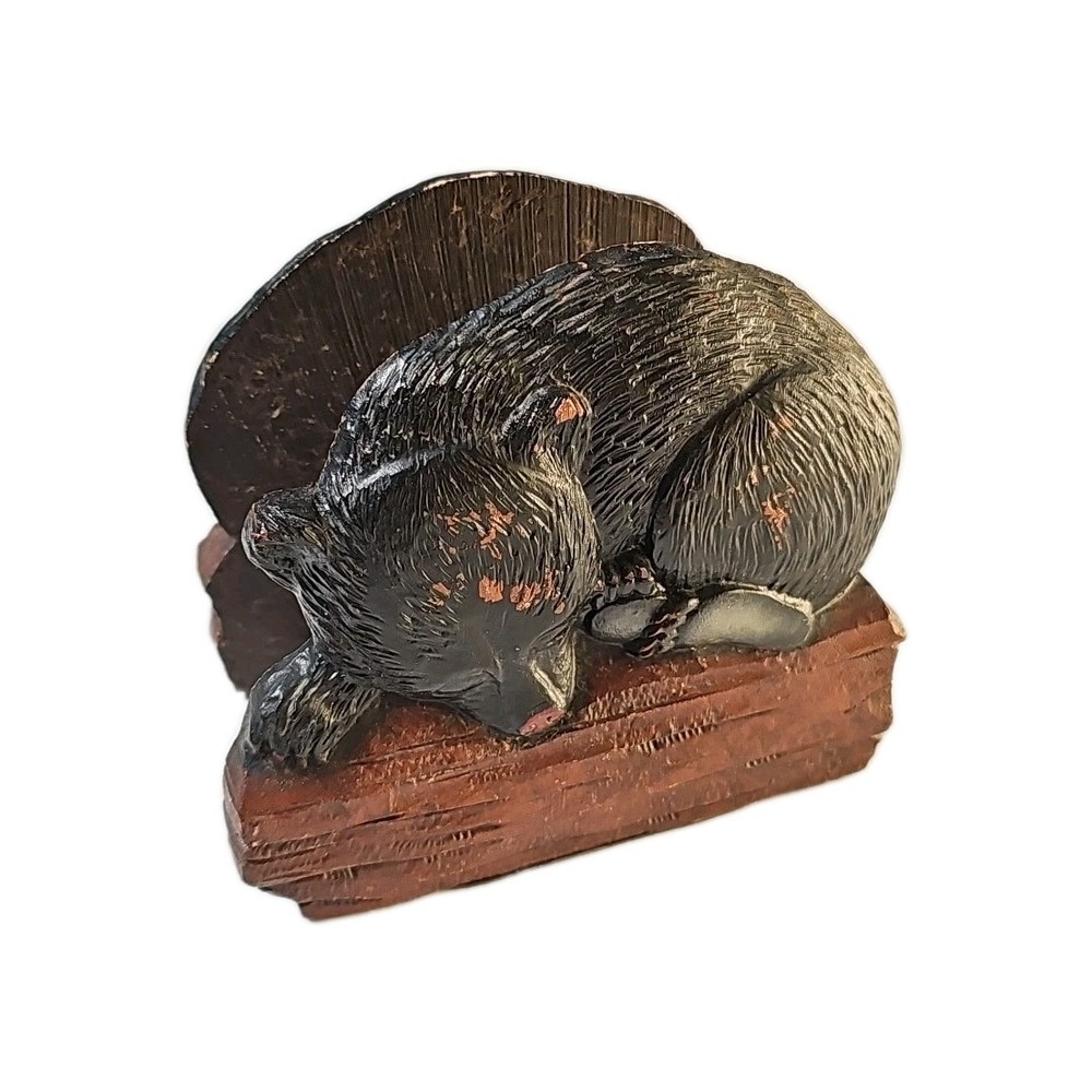 Pair Sleeping Black Bear Cub Bookends Rustic Chalkware on Metal Base 1950s Cabin
