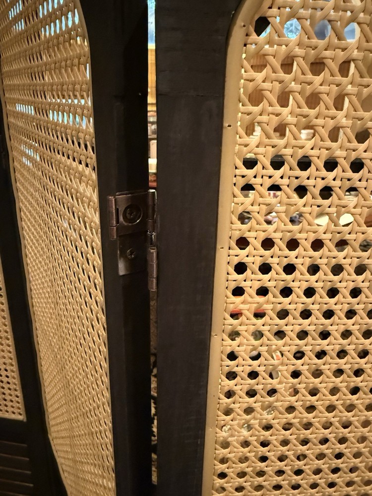 4-Panel Black Wood & Cane Room Divider Folding Screen Boho Coastal Style
