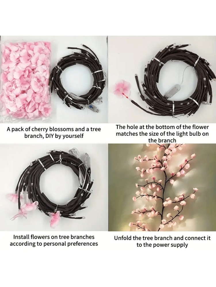 1Pc Cherry Blossom Branch LED Light, USB Powered 8 Flashing Modes, Soft & Bendab