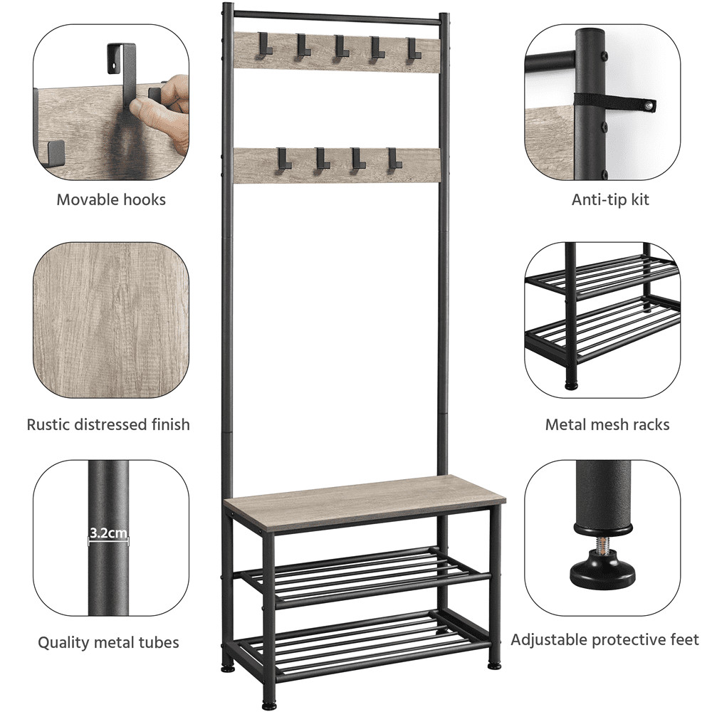 73" Metal Hall Tree W/ Shoe Storage Bench Rustic Gray