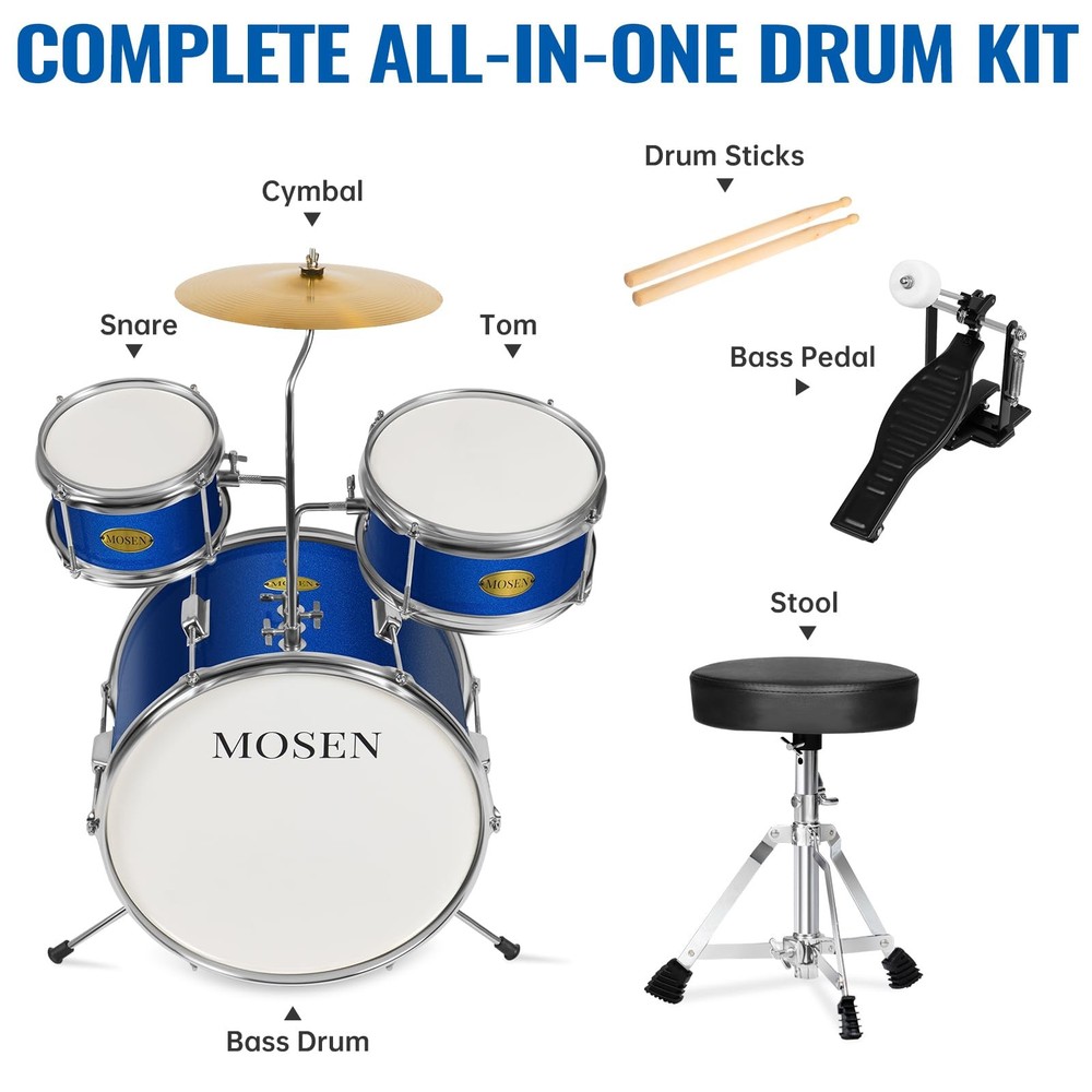 MOSEN Drum Set 3-Piece Beginner Junior Kit with Adjustable Blue