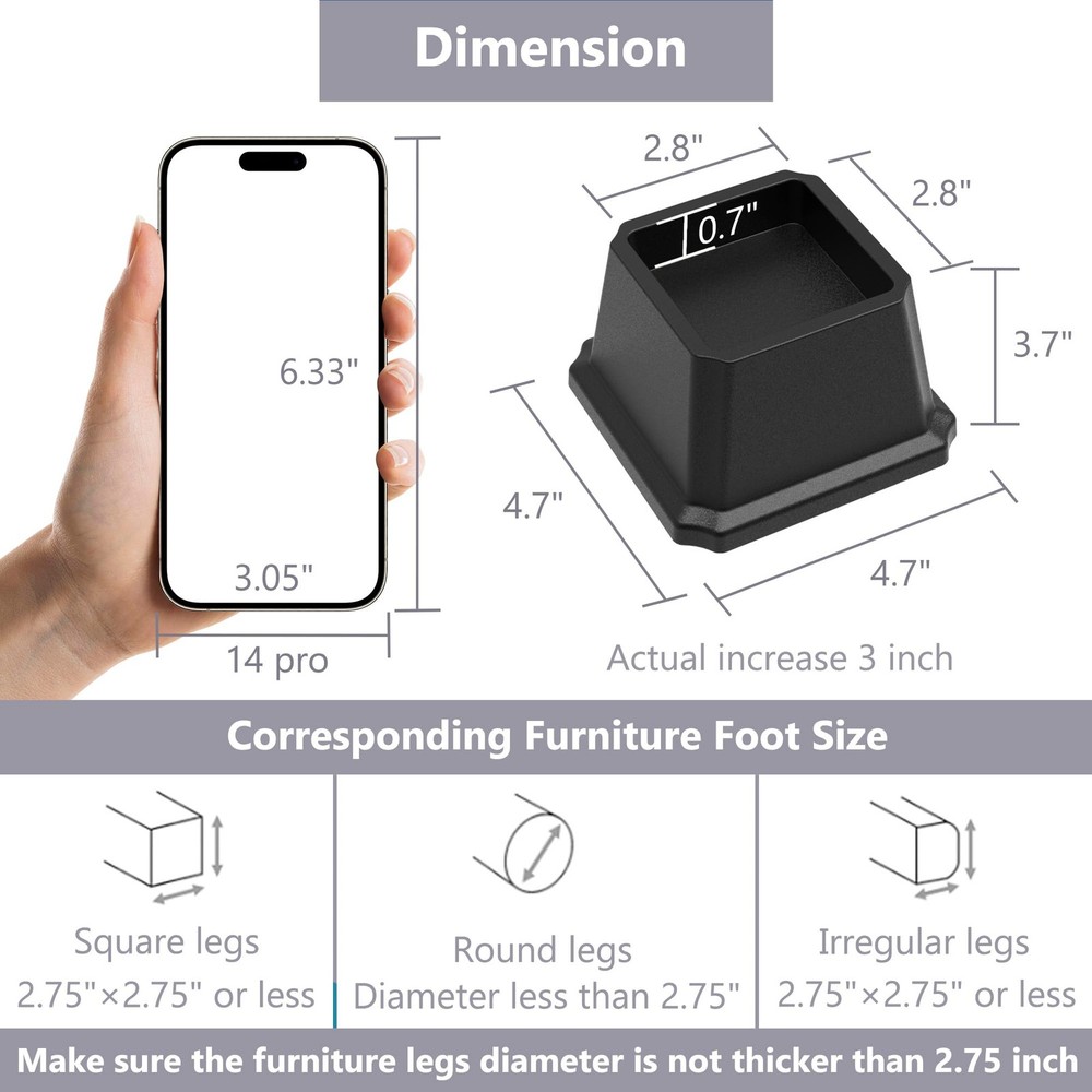 3 Inch Bed Risers for Sofa Table, Heavy Duty Elevators, 4 Pack, Black