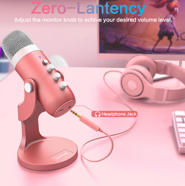 Gaming USB Pink Microphone with Quick Mute for Phone Computer PC PS5, Studio