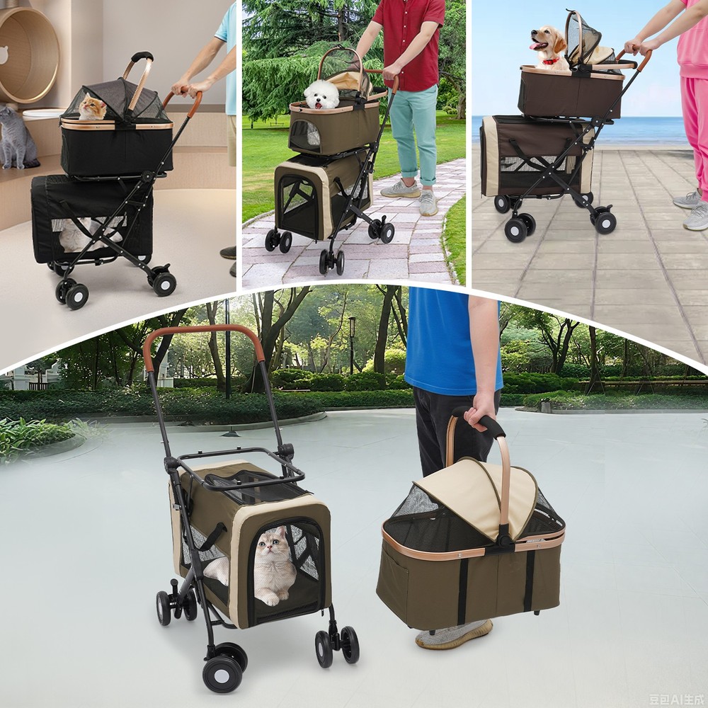 Two-Tier Pet Stroller for Dogs & Cats, Holds 77 lbs, Foldable, Black