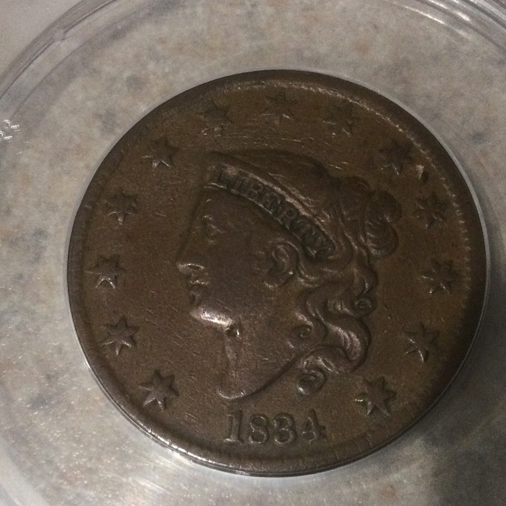 1834 Large cent, N-1, Double Profile, ANACS VF20 Details