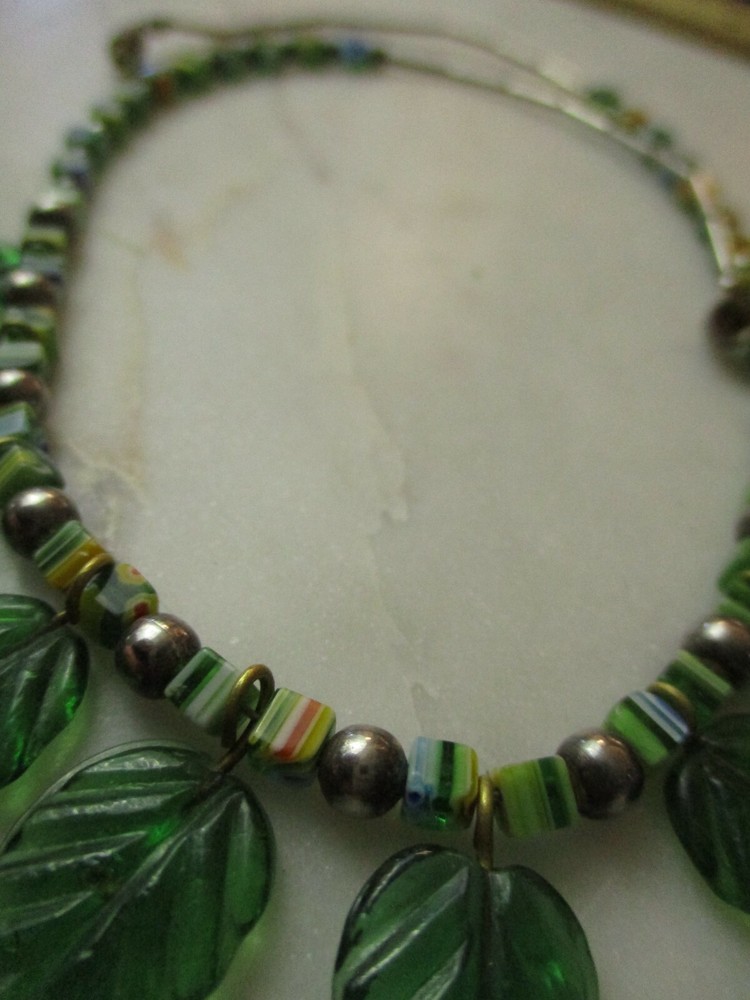 Glass necklace Merano beads leaf pattern hippy boho
