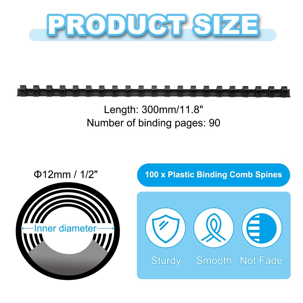 100Pcs 12mm (1/2") Plastic Binding Combs 90 Sheet Capacity 21 Rings, Black