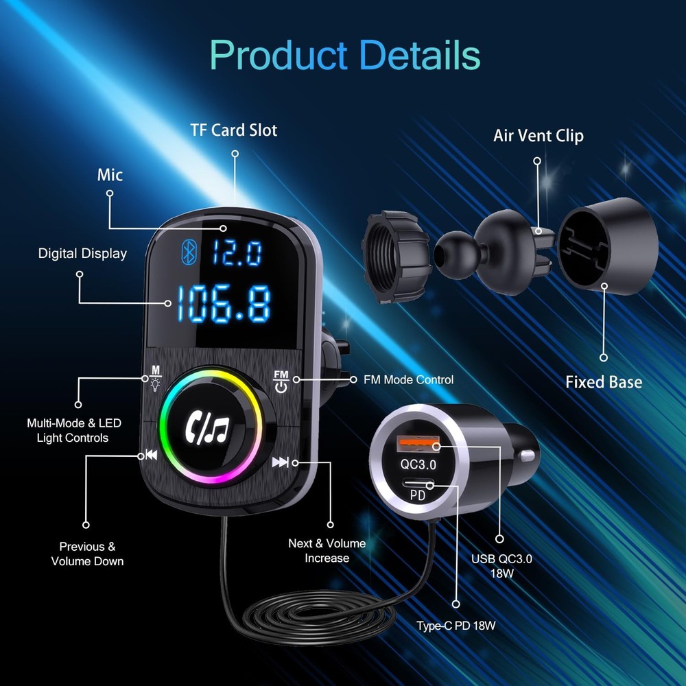 FM Transmitter, Hands Free Car Phone Kit Bluetooth, BC71 48W-Cable-Black