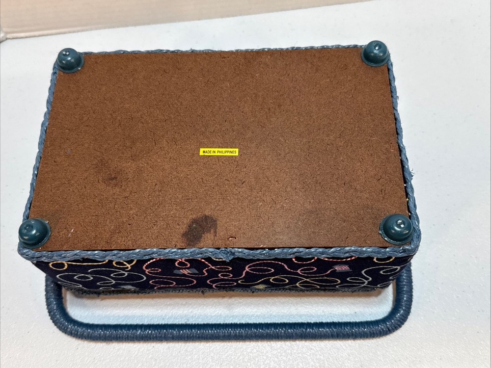 Sewing Basket Box Blue Fabric Plastic Woven Handle