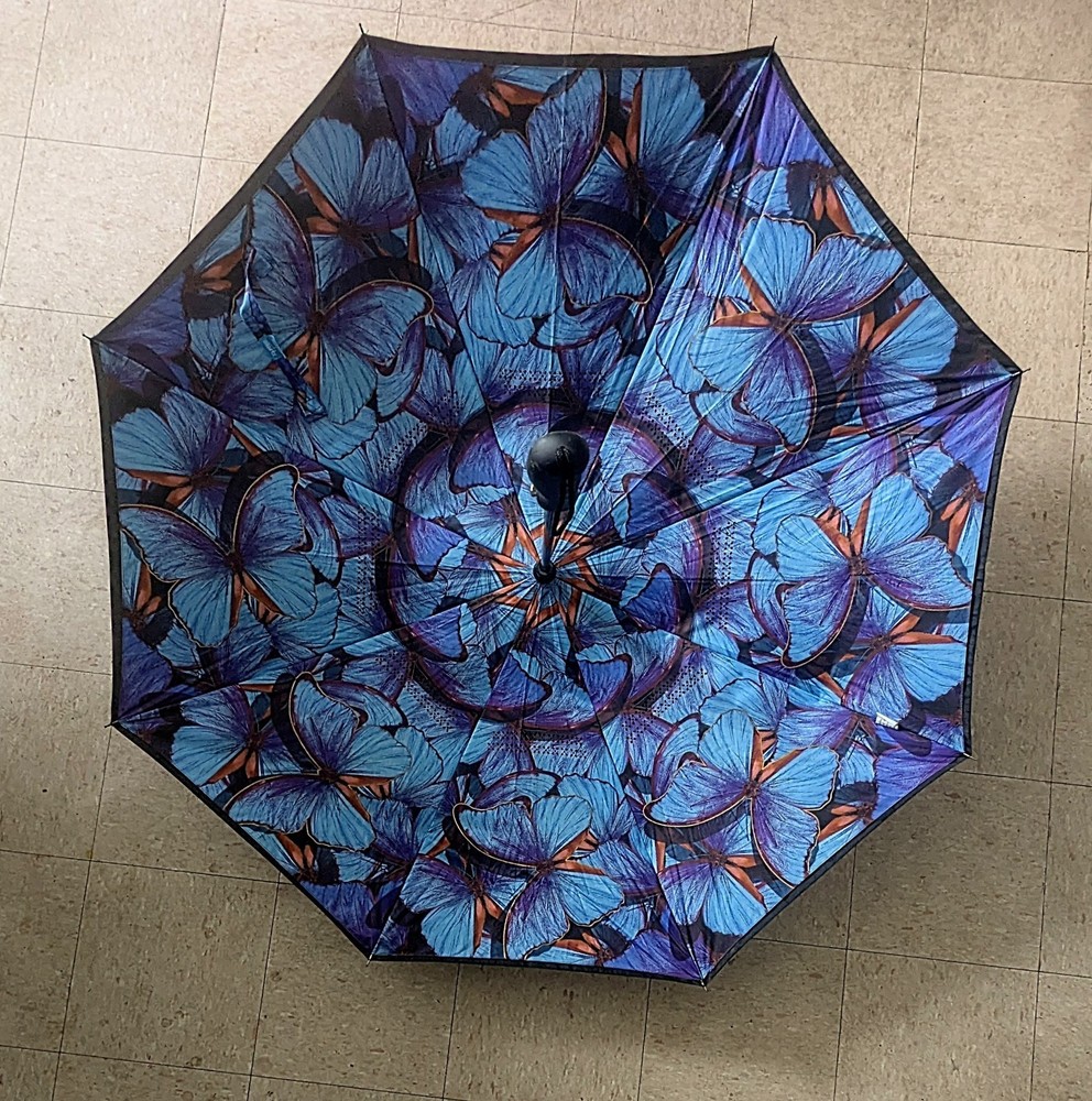 Rain Alertz Butterfly Umbrella Auto Open Black & Blue Pattern Weather Alert