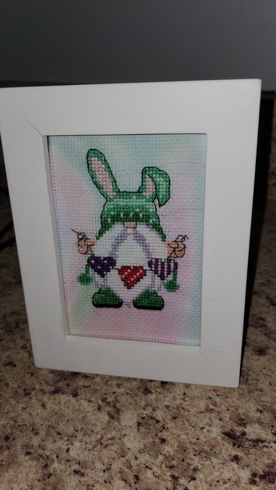 Bunny Easter Gnome with heartstring On Custom Fabric Framed