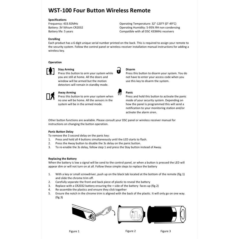 Ecolink WST-100 4-Button Wireless Remote – DSC 433MHz Compatible Keyfob
