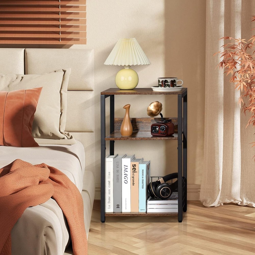 Compact 3-Tier End Table with Vinyl Storage - Stylish Design for Small Spaces