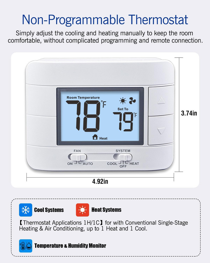 Non Programmable Thermostat for Home 1 Heat/ 1 Cool Single-Stage System, with Ro