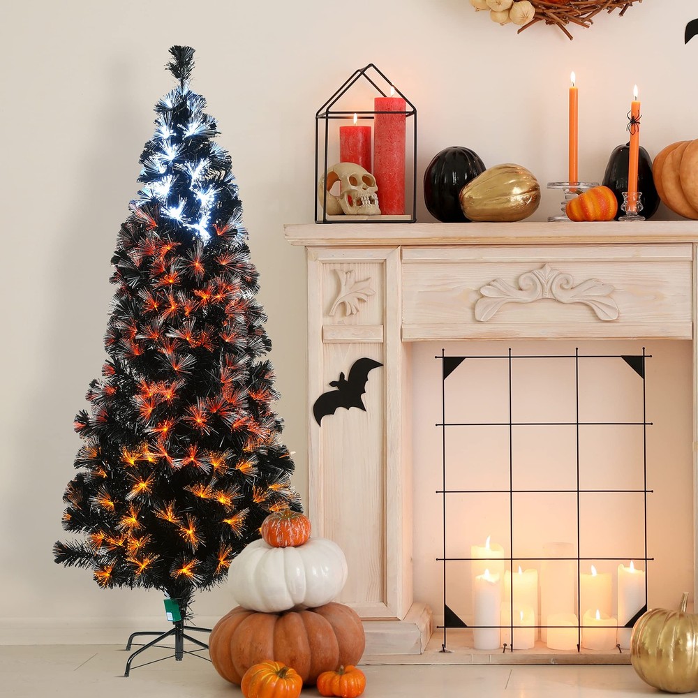 Pre-Lit Artificial Halloween Tree, Black, Fiber Optic, Candy Corn LED Lights,...
