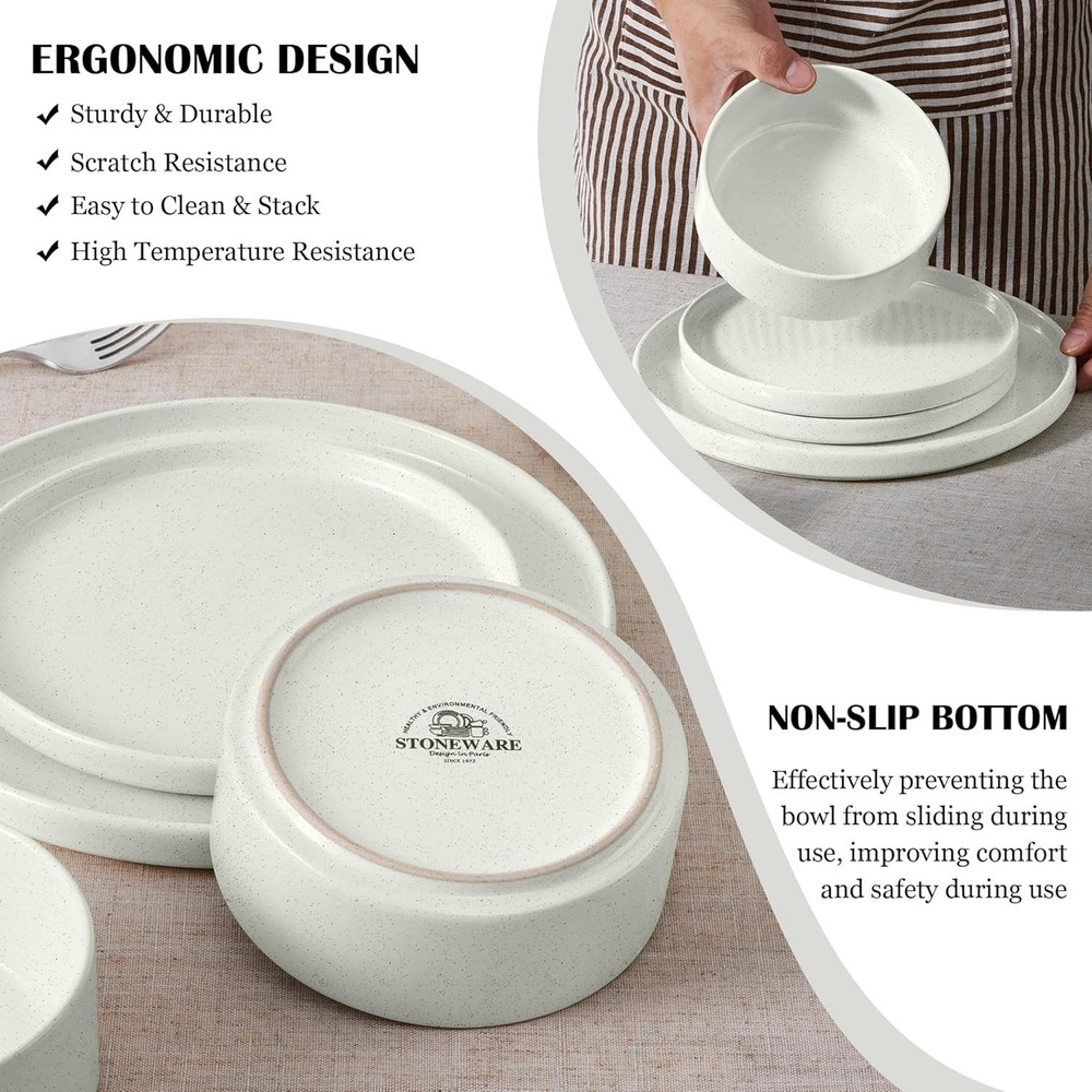 E-far 8-Persons Dinnerware Set Stone White Speckle Scratch Resistant (24-Pieces)