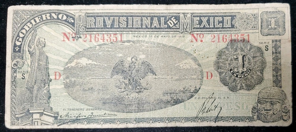 1916 1 Peso Provisional De Mexico Note.