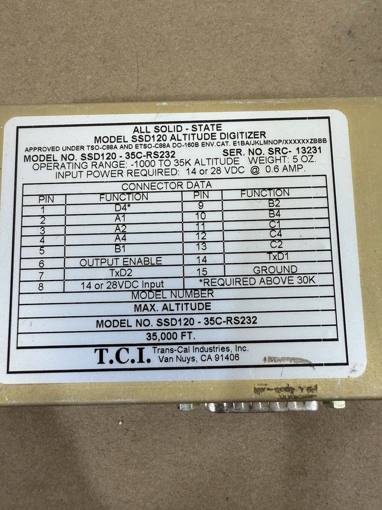 Trans Cal SSD120-35C-RS232 Altitude digitizer Altitude Encoder