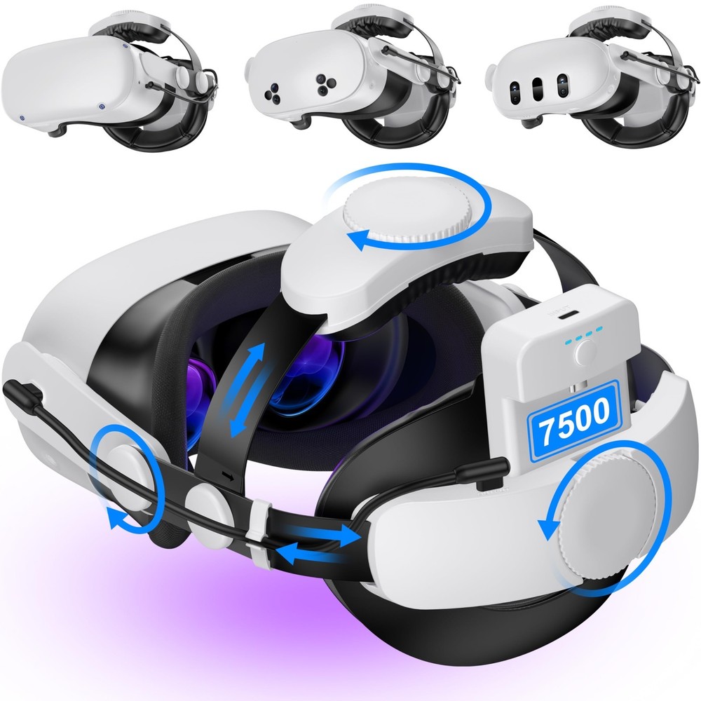 Adjustable VR Head Strap for Meta Quest 3/2 with 7500mAh Battery Pack, Enhanced