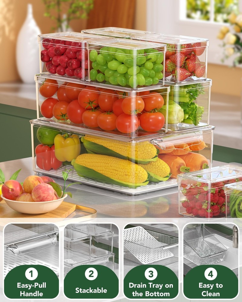 11 Clear Plastic Storage Bins, Stackable Refrigerator Organizer Set