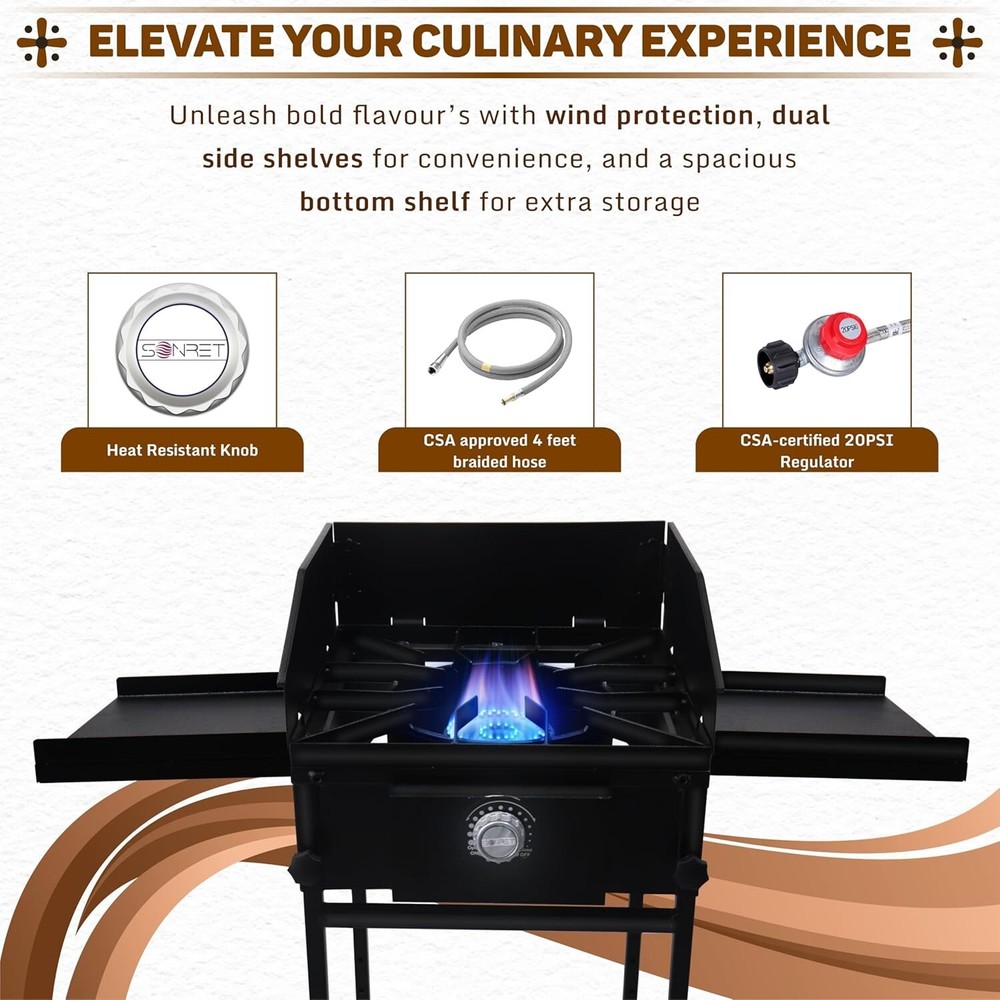 Single Burner Propane Stove - with Dual Side & Bottom Shelf and Wind Panel
