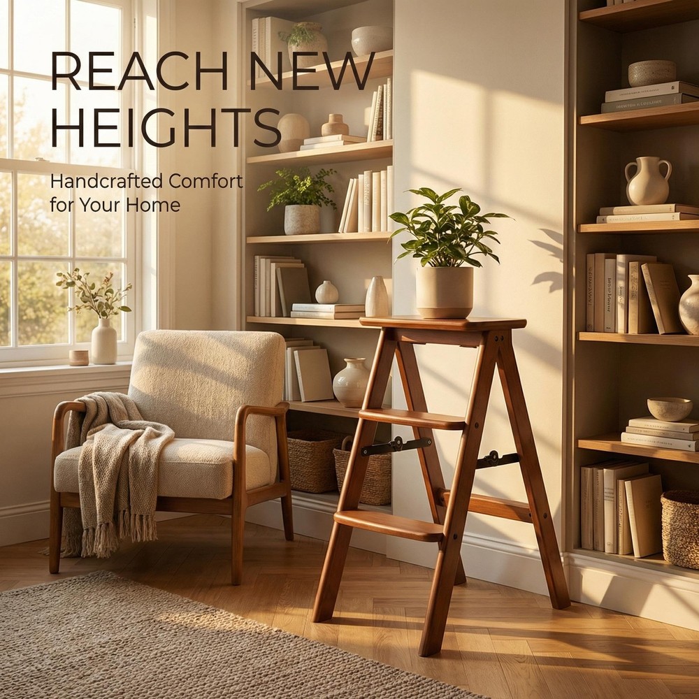 3 Step Ladder Folding Step Stool, Wooden Step Stool Foldable, Folding Step St...