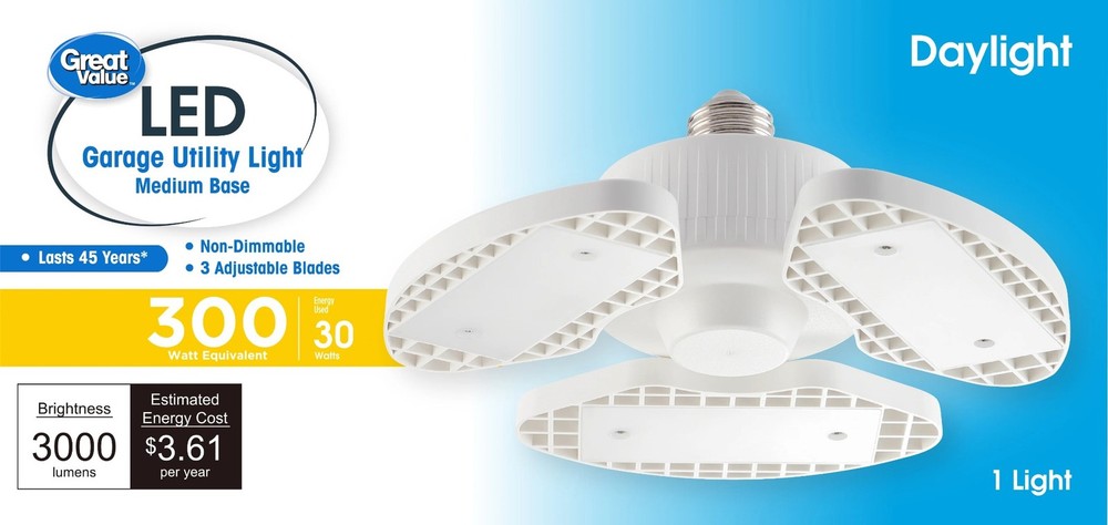 Great Value LED Daylight Garage Light, 30-Watt ，3 Adjustable Lighted Blades