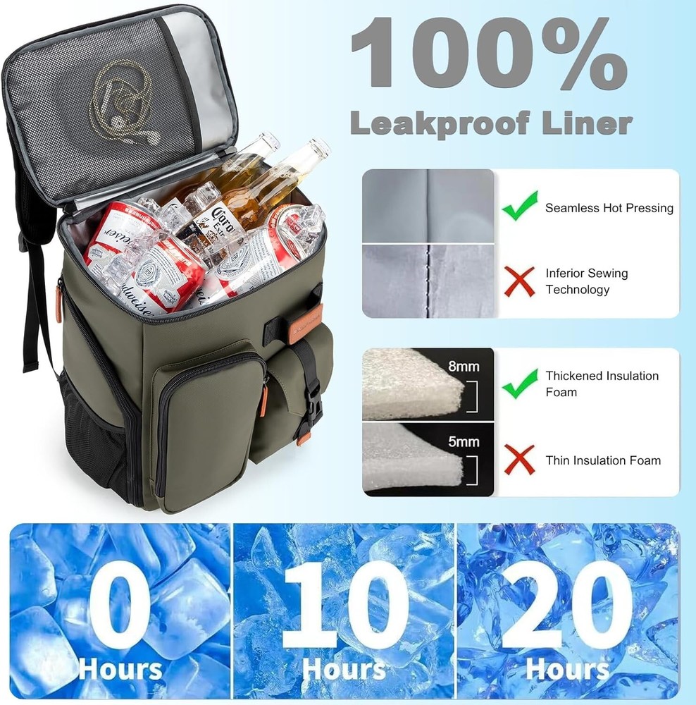 33-Can Cooler Backpack, Double Compartment, Waterproof, Camping Beach
