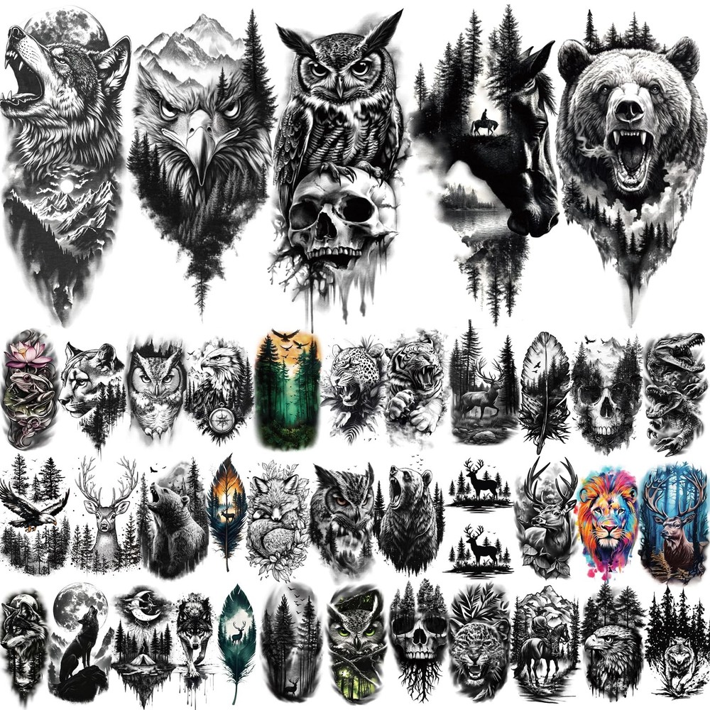 77 Sheets Forest Animals Temporary Tattoo for Women Men 17 Sheets Half Arm Large