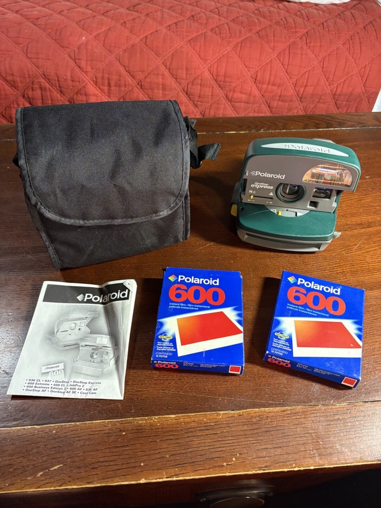 Green Polaroid One Step Express 600 Camera, Missing Handle Strap, + Expired Film