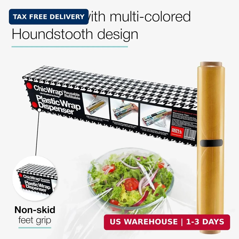 Chicwrap Houndstooth Refillable Plastic Wrap Dispenser - One 12" x 250' Roll of