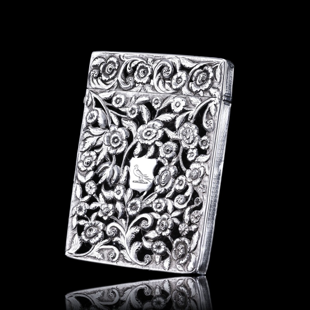 Antique Victorian Solid Silver Card Case Pierced Flowers - Francis Clark 1839