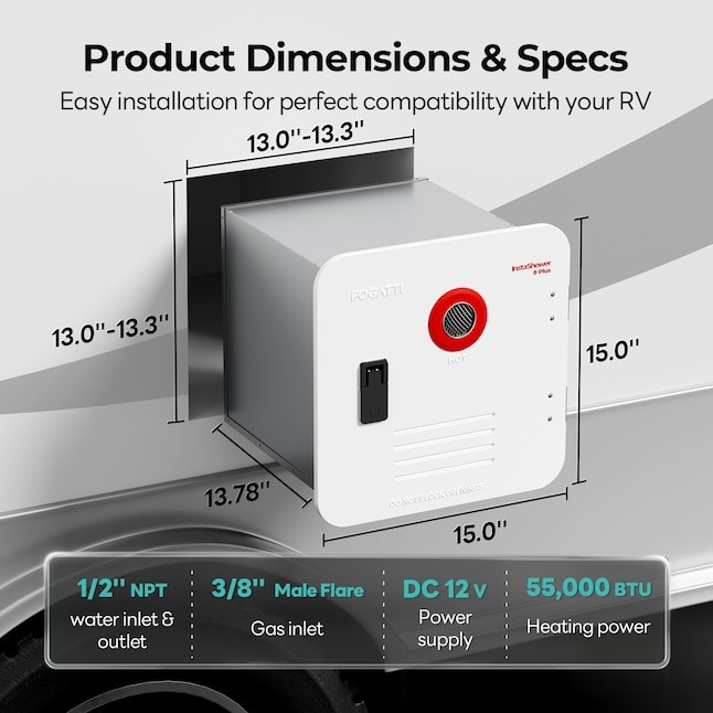 FOGATTI RV Tankless Water Heater Propane 55,000 BTU w/15"x15" White Door