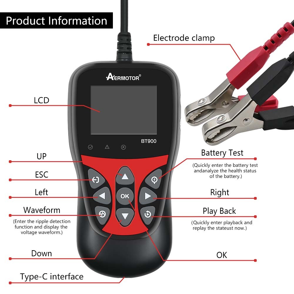 AERMOTOR BT900 Digital Battery Analyzer 6/12V Battery Load Tester 100~2000CCA