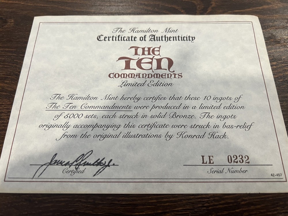 Hamilton Mint Ten Commandments Bronze Ingots with Case & Frame COA #0232/5000